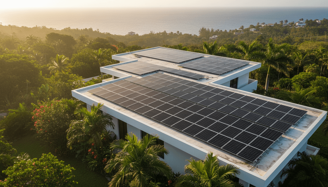 Solar panels on a Puerto Rican home in afternoon sunlight