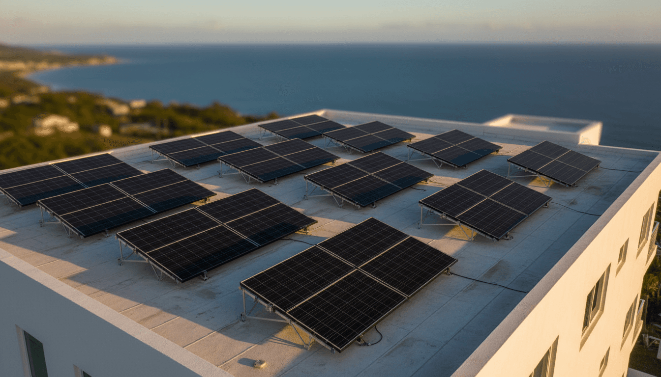 Sistema de paneles solares instalados en techo residencial con vista al océano en Puerto Rico