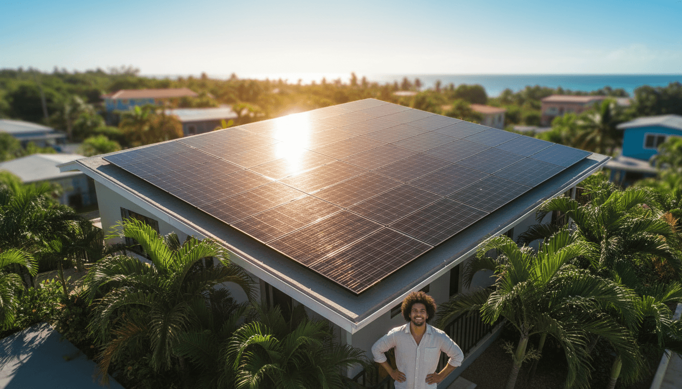 Instalación de paneles solares en techo residencial en Puerto Rico con vista aérea