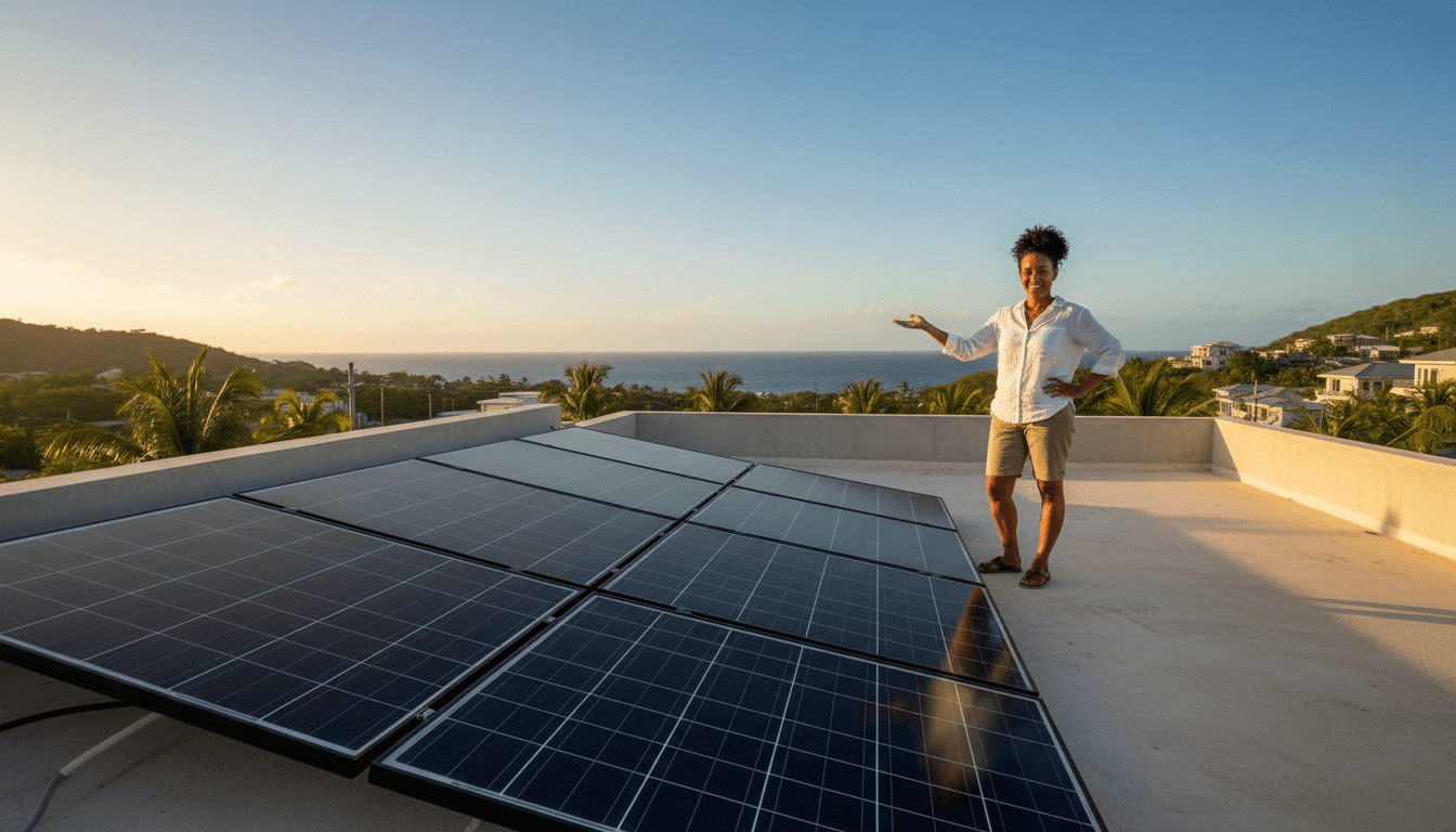 Paneles solares brillando en el techo de una casa en Puerto Rico durante la hora dorada