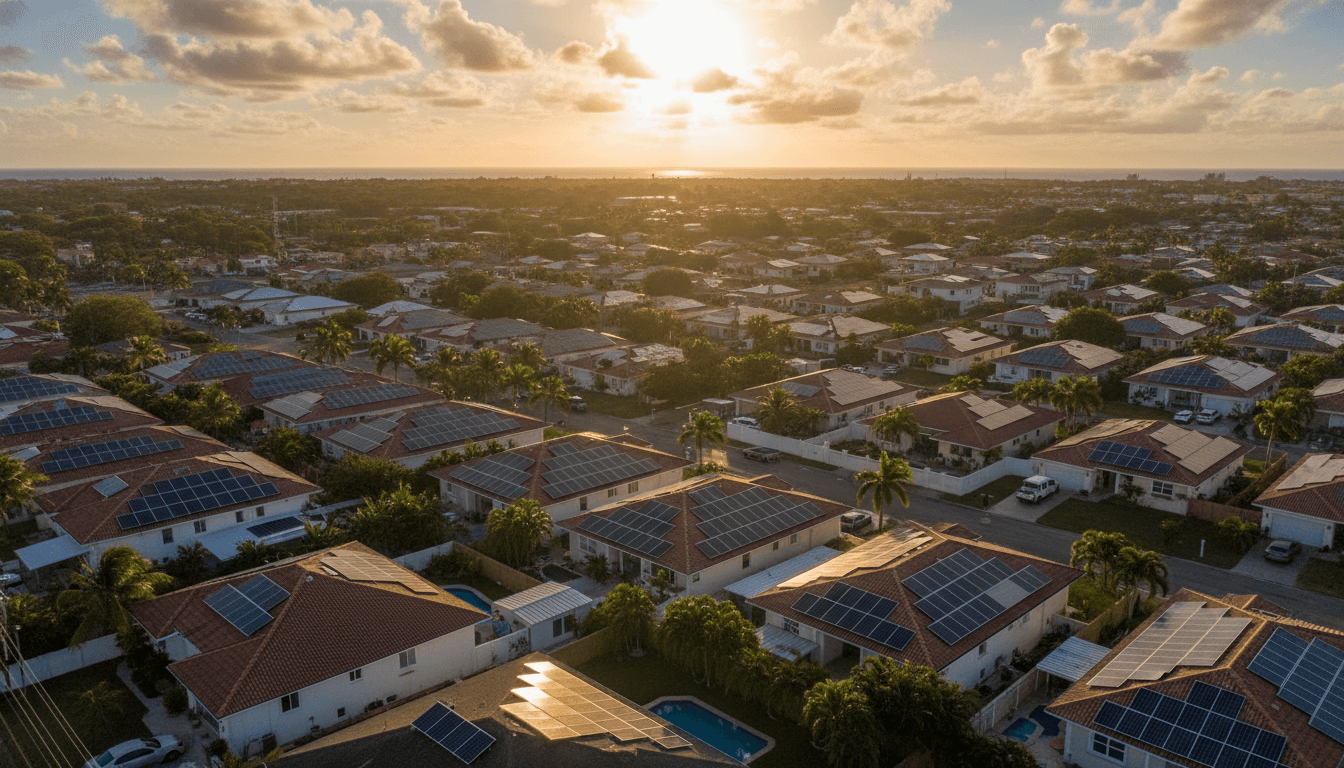Vista aérea de casas residenciales con paneles solares brillando bajo la luz dorada del atardecer en Puerto Rico