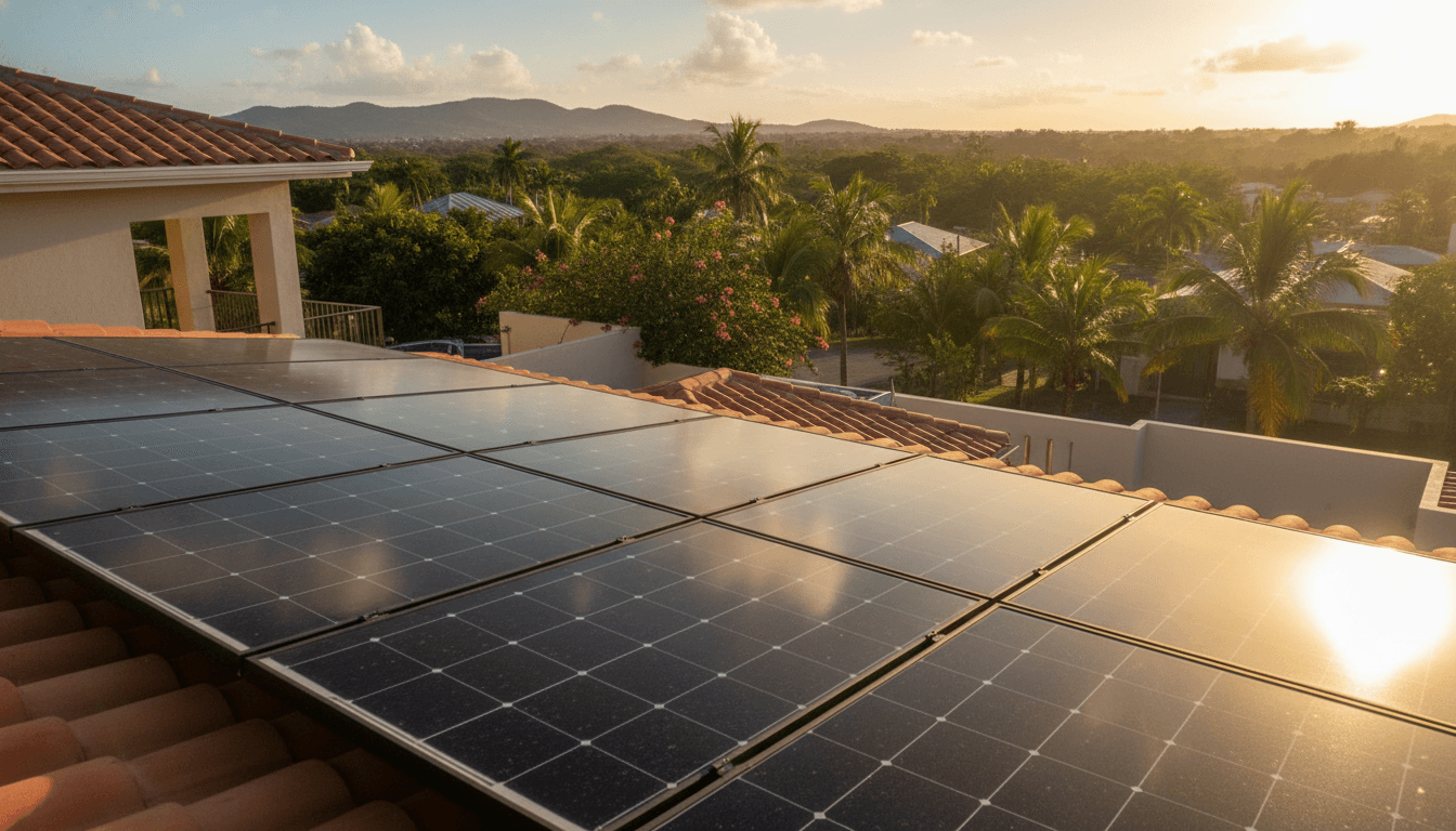 Paneles solares instalados en techo residencial en Puerto Rico bajo luz solar brillante