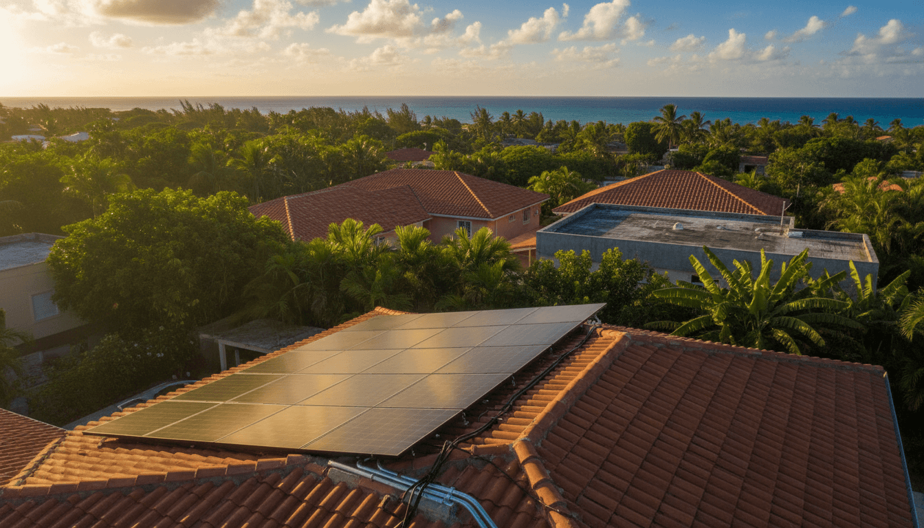 Paneles solares instalados en una casa residencial en Puerto Rico bajo luz solar