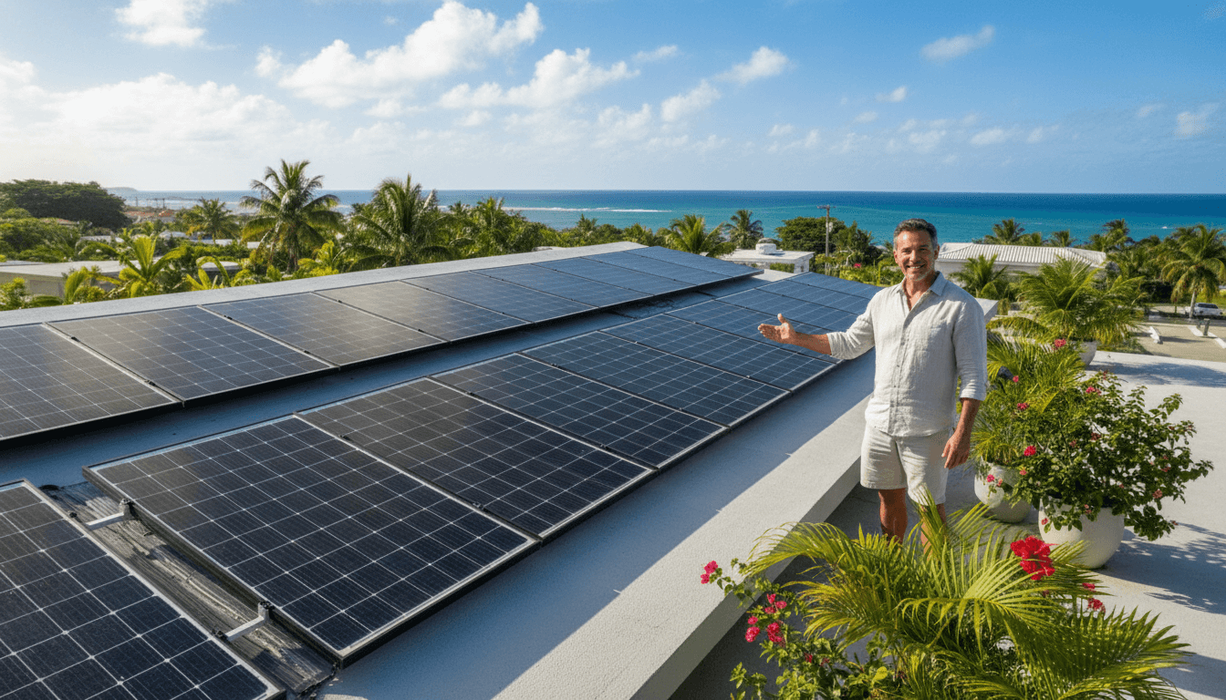 Paneles solares instalados en techo residencial de Puerto Rico bajo sol tropical brillante