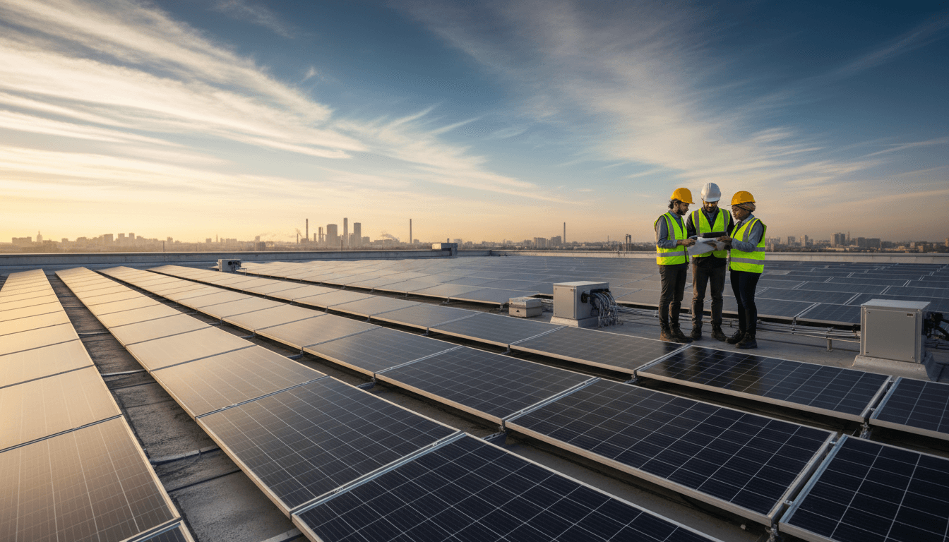 Diverse professional team inspecting large-scale rooftop solar panel installation during golden hour with cityscape in background