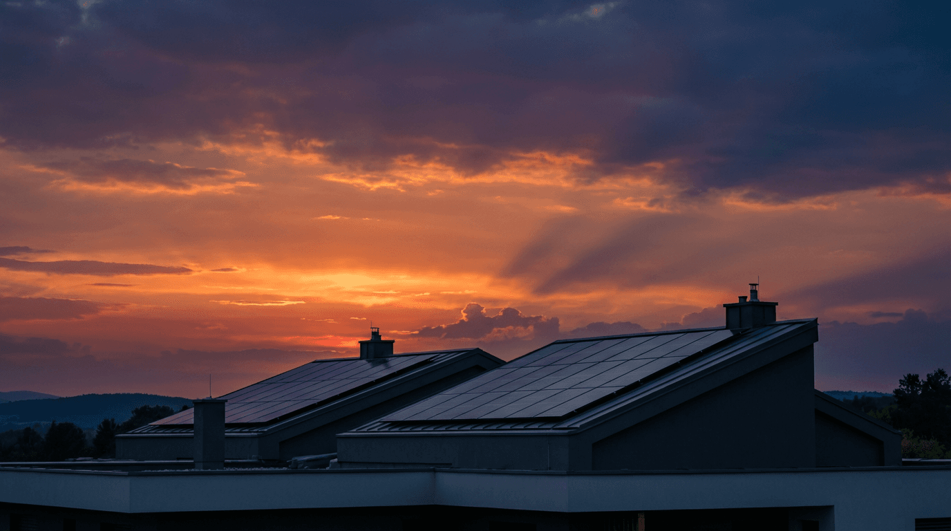 Paneles solares brillando bajo la luz dorada del atardecer en un techo residencial de Puerto Rico