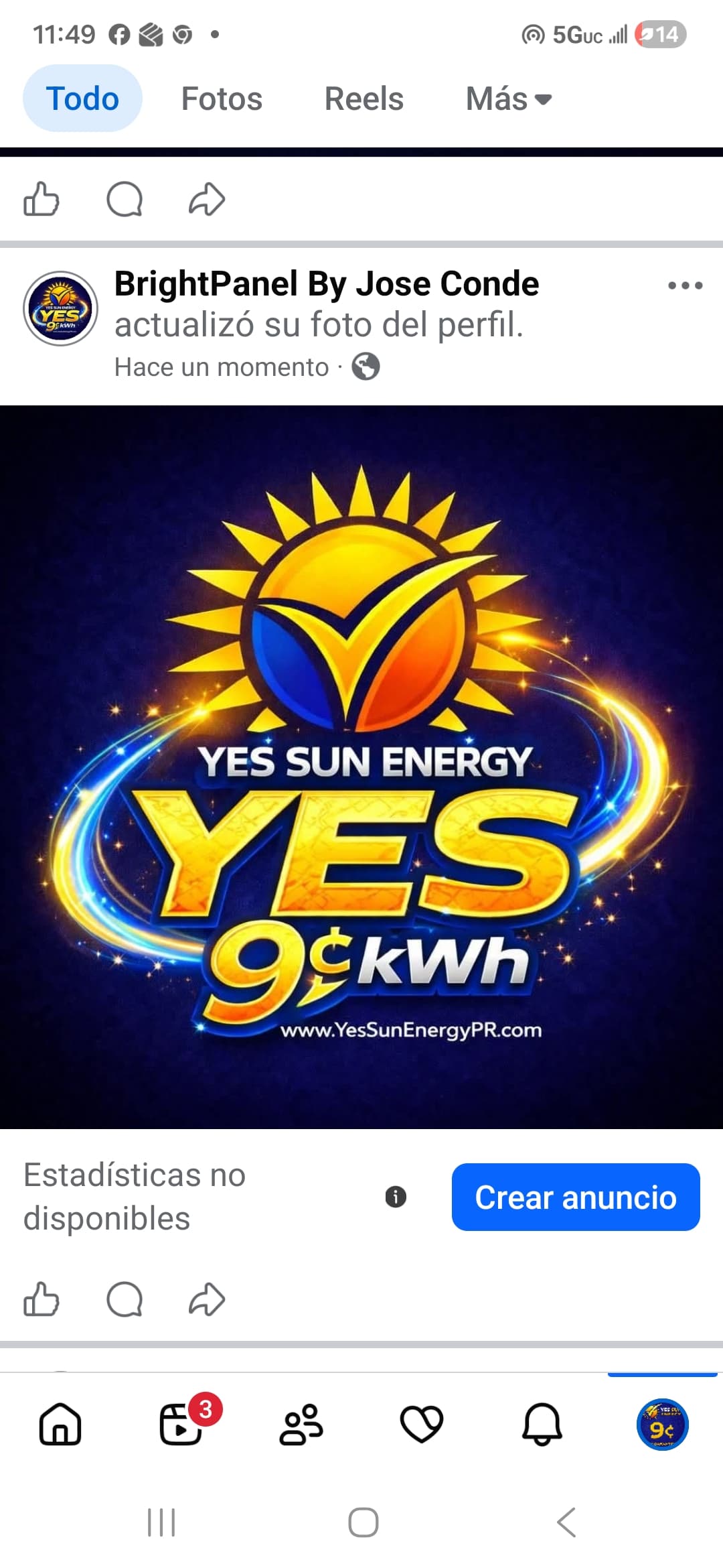 Logotipo de YES SUN ENERGY con sol, marca de verificación y anuncio de 9¢ kWh.
