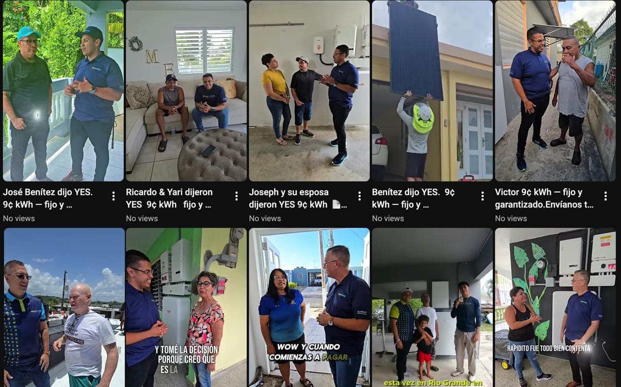 Collage de fotos de clientes y técnicos durante instalaciones de paneles solares residenciales.