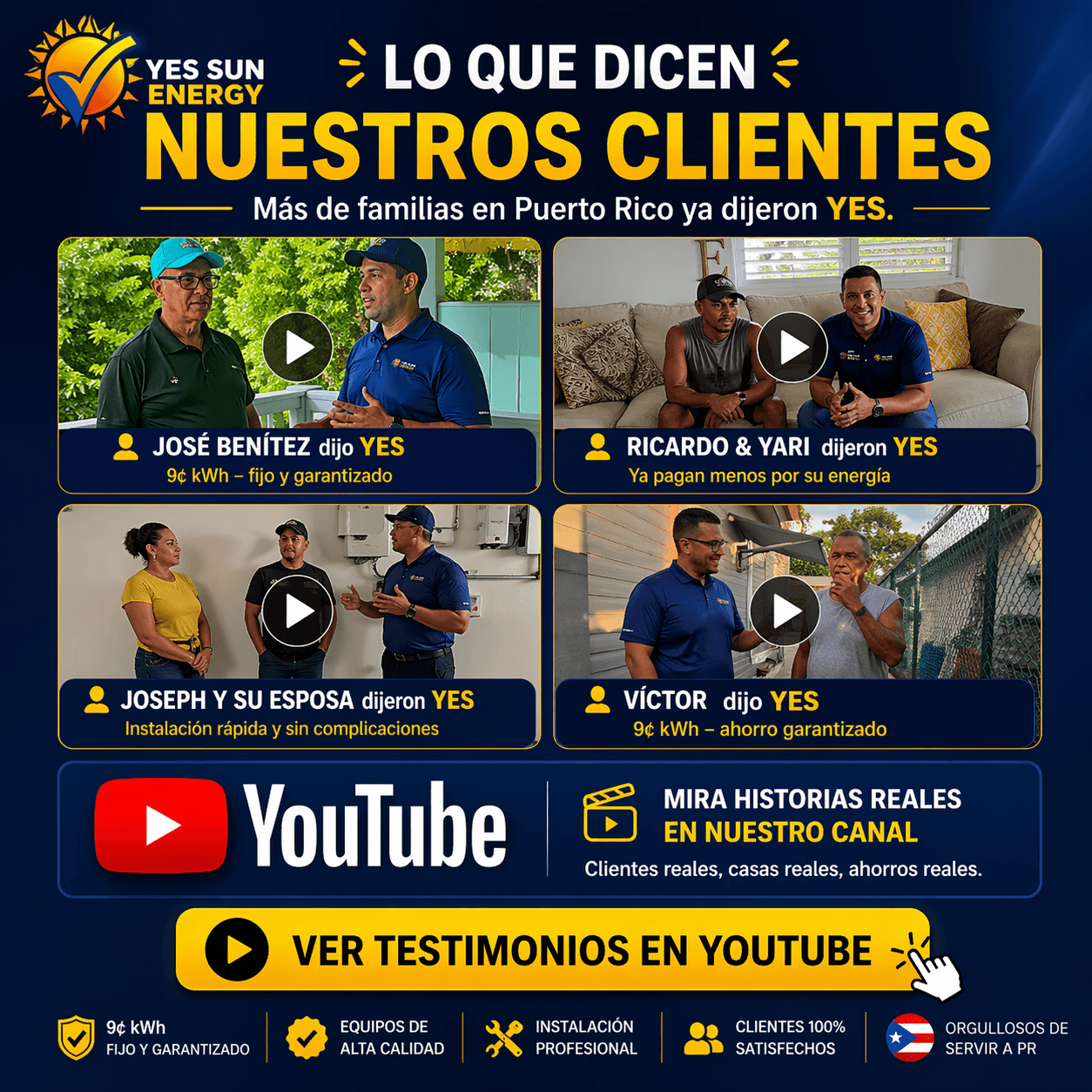 Testimonios de clientes de Yes Sun Energy en Puerto Rico sobre sus ahorros energéticos.