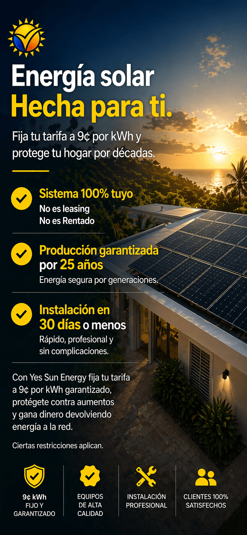 Casa moderna con paneles solares frente al mar al atardecer promocionando energía solar.