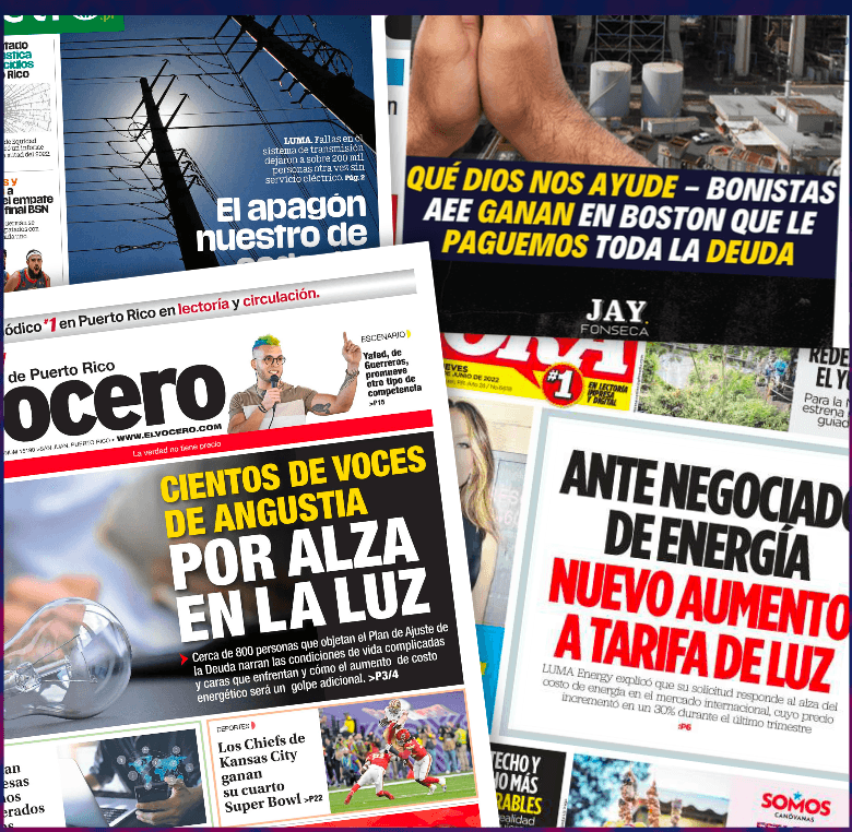 Collage de noticias puertorriqueñas sobre la crisis de energía y el alza de tarifas.